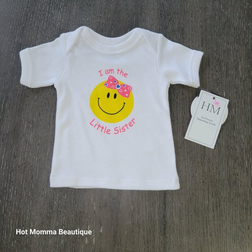 Infant I Am The Little Sister Smiley Face Graphic Tee. 0-6M